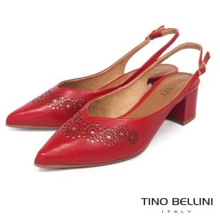 【TINO BELLINI 貝里尼】巴西進口幾何花朵全真皮後釦帶中跟鞋F1V0009(紅)