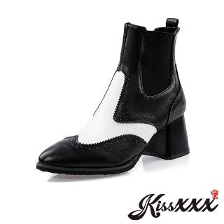【KissXXX】英倫風布洛克雕花異材質拼接尖頭粗跟切爾西短靴(黑)