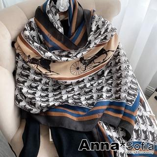 【AnnaSofia】柔軟棉麻感披肩圍巾-歐美馬車彩條框 現貨(藍駝框系)