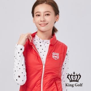【KING GOLF】速達-女款盾牌刺繡下擺條紋拼接厚款鋪棉背心外套(紅色)