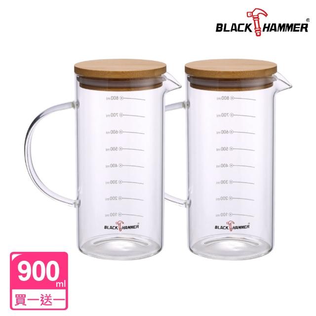 【BLACK HAMMER】買1送1 多功能竹木刻度玻璃水壺-900ml