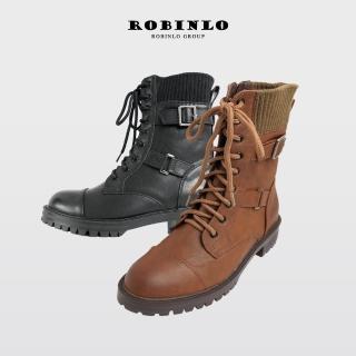 【Robinlo】獨家個性針織拼接雙飾扣短靴馬汀靴CIANNA(黑/棕色)
