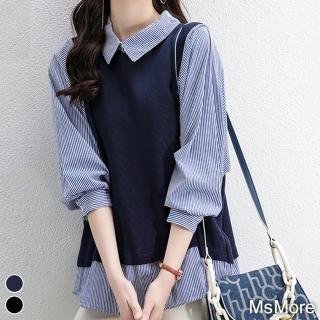 【MsMore】韓版顯瘦寬鬆條紋襯衫假2件上衣#110898現貨+預購(2色)