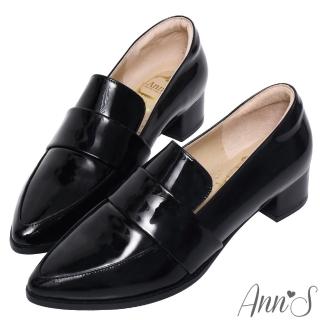 【Ann’S】時髦復古2.0-頂級綿羊皮韓系粗跟樂福休閒便鞋3.5cm(漆皮黑)