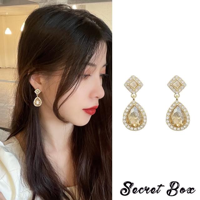【SECRET BOX】韓國設計925銀針方晶水滴寶石華麗造型耳環