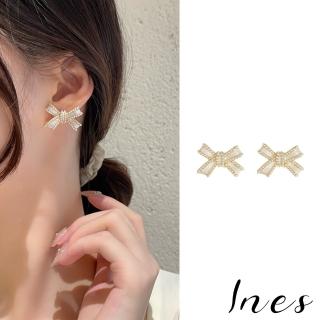 【INES】韓國設計925銀針法式氣質珍珠綴邊滴釉蝴蝶結造型耳環(2色任選)