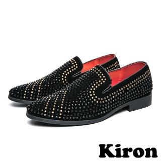 【Kiron】平底樂福鞋 樂福鞋/典雅絨面幾何V型線條拼貼亮鑽潮流樂福鞋-男鞋(黑)