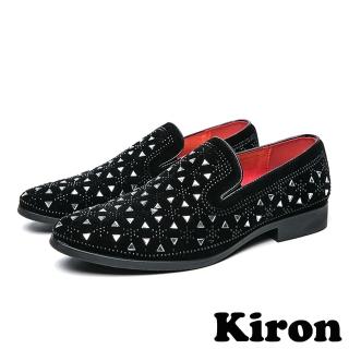 【Kiron】平底樂福鞋 樂福鞋/典雅絨面幾何三角拼貼亮鑽潮流樂福鞋-男鞋(黑)