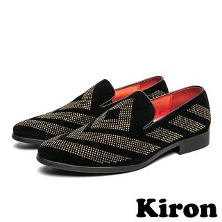 【Kiron】低跟樂福鞋 樂福鞋/典雅絨面幾何菱形V字線條拼貼亮鑽潮流樂福鞋-男鞋(黑)