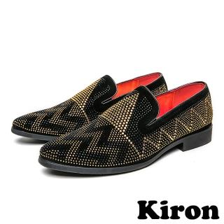 【Kiron】平底樂福鞋 樂福鞋/典雅絨面幾何波浪拼貼亮鑽潮流樂福鞋-男鞋(黑)