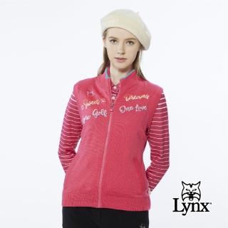 【Lynx Golf】女款保暖羊毛混紡彩色文字緹花領緣配色無袖立領背心(玫紅色)