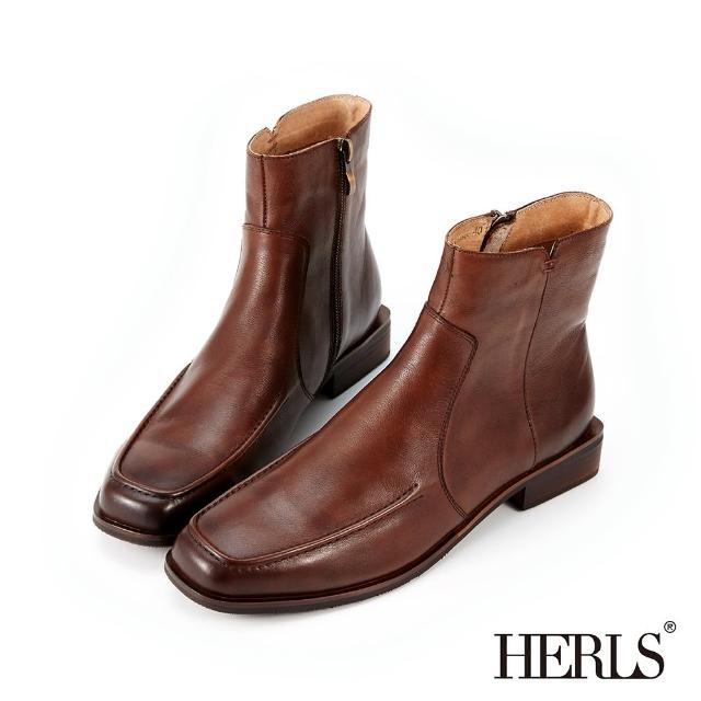 【HERLS】短靴-復古擦色牛皮拼接方頭低跟短靴(深棕色)
