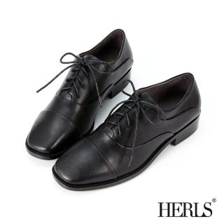 【HERLS】牛津鞋-率性全真皮拼接方頭牛津鞋(黑色)