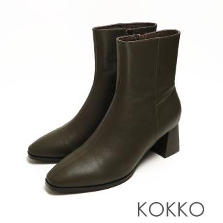 【KOKKO 集團】正韓率性顯瘦方頭真皮拉鍊粗跟短靴(墨綠色)