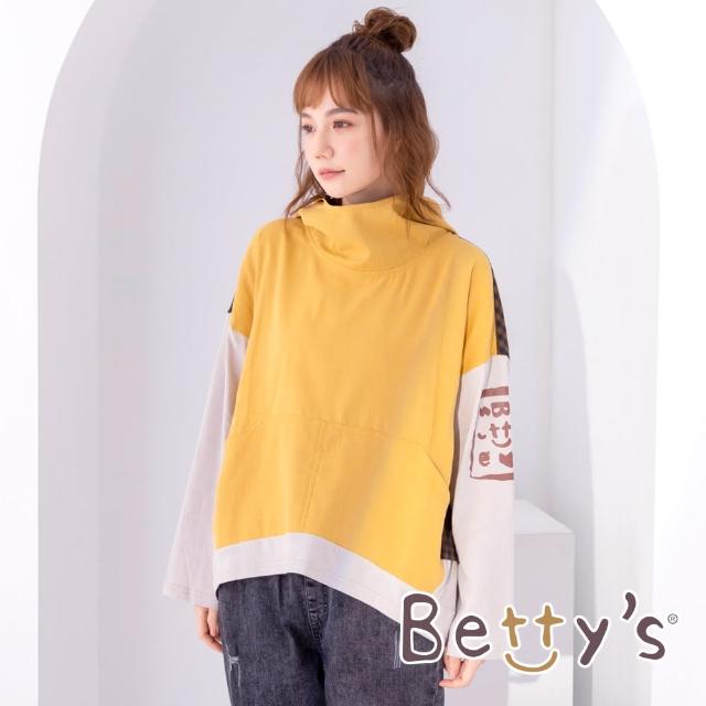 【betty’s 貝蒂思】印花拼接格紋連帽T-shirt(深黃)