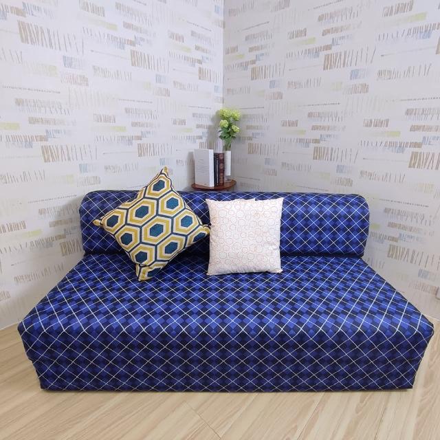 【Summer台灣製造】格紋藍方程式雙人免組裝多功能2折彈簧沙發床(沙發/床墊/寵物墊/嬰兒床墊/和室椅)