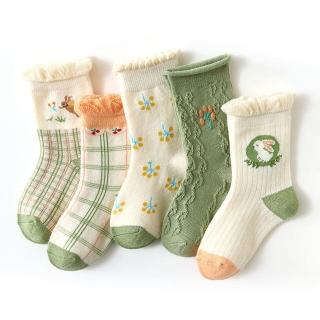 【優貝選】俏皮童趣舒適學生童襪5入套組(森林綠兔)