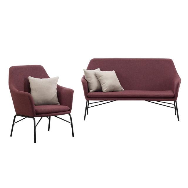 【BODEN】麥希亞紫紅色布沙發單人座+雙人座/1人+2人沙發椅組合(贈抱枕)