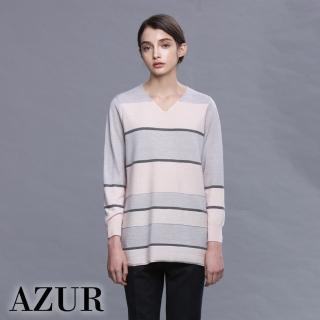 【AZUR】寬紋V領羊毛針織上衣-2色