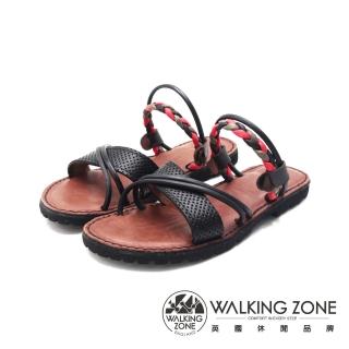 【WALKING ZONE】女 民族風編織涼拖鞋 女鞋(黑色)