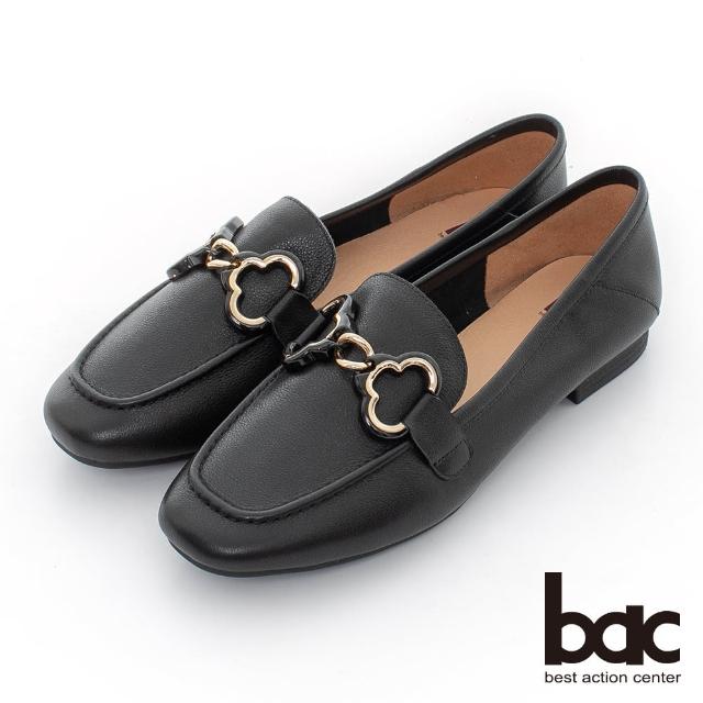 【bac】同面色金屬大飾釦平底樂福鞋(黑色)