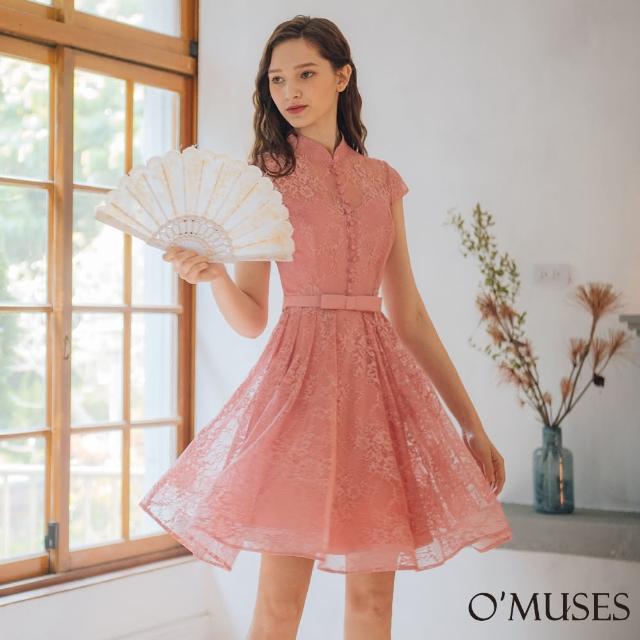 【OMUSES】蕾絲旗袍粉色短禮服B7-98729(S-2L)