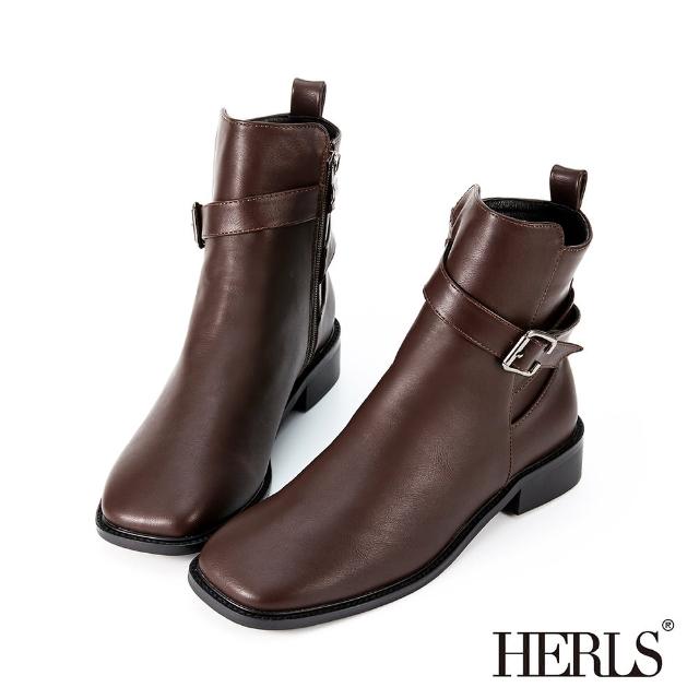 【HERLS】短靴-釦環踝帶造型方頭皮革短靴(深棕色)