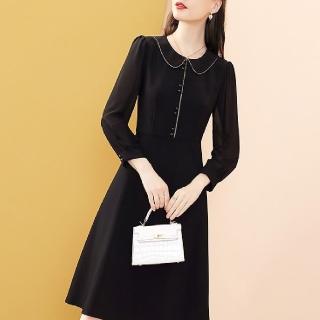 【FQ 時尚天后】銀白線圈娃娃領素黑短洋裝(中大尺碼/S-3XL)