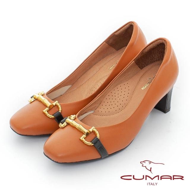 【CUMAR】復古撞色馬銜釦粗跟鞋(淡橙)