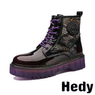 【Hedy】厚底馬丁靴 馬丁靴/復古印花帆布拼接亮漆皮厚底潮流馬丁靴(酒紅)