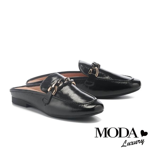 【MODA Luxury】個性金鏈牛油皮低跟穆勒拖鞋(黑)
