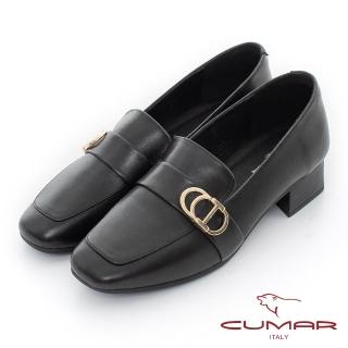 【CUMAR】方頭素雅金屬飾釦粗跟樂福鞋(黑色)