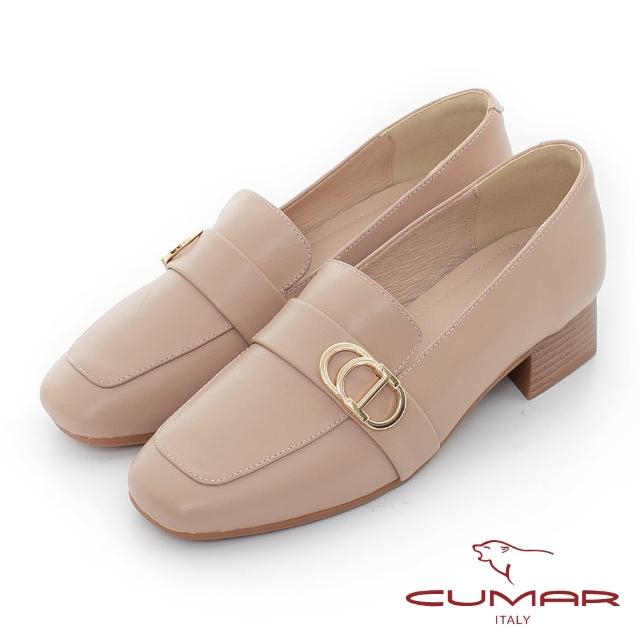【CUMAR】方頭素雅金屬飾釦粗跟樂福鞋(粉膚色)