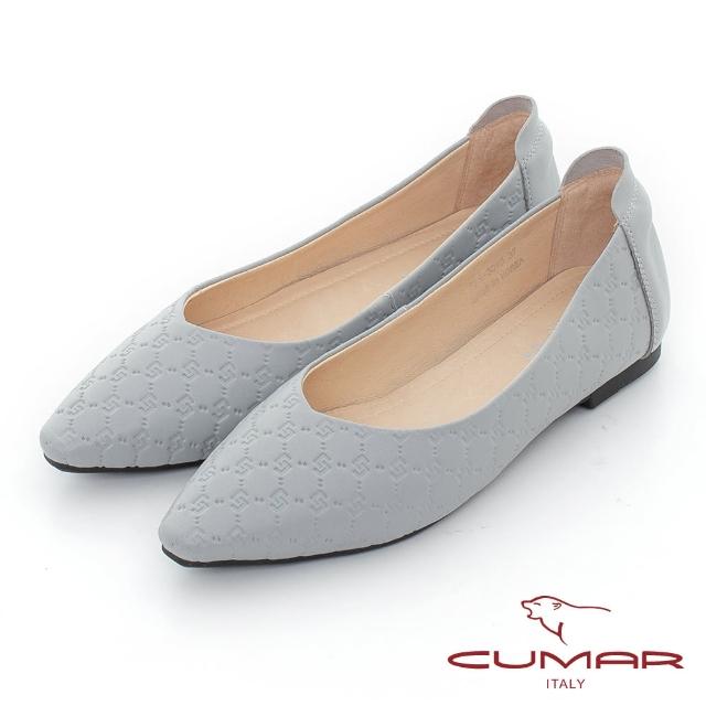 【CUMAR】壓紋皮革小方頭平底鞋(水藍色)