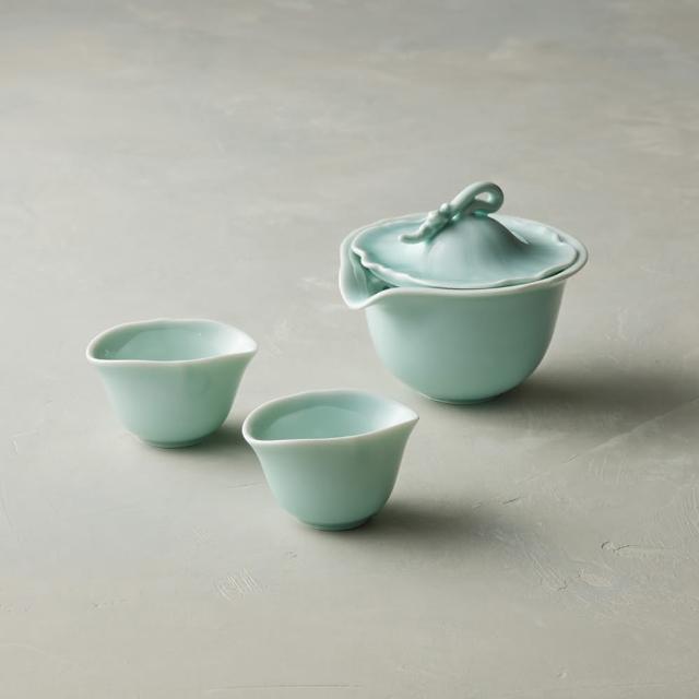 【安達窯】青瓷 - 夏鳴雙人簡泡茶組 - 3件組禮盒裝(茶壺+茶杯)