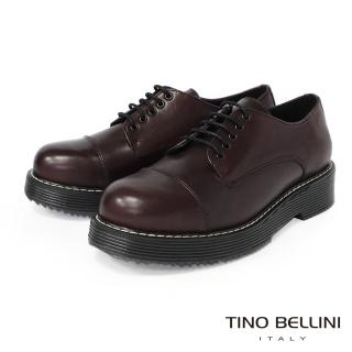 【TINO BELLINI 貝里尼】歐洲進口英倫風範牛皮圓頭厚底綁帶鞋FYCT0027(酒紅)