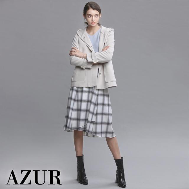 【AZUR】格紋多層次不規則羊毛A字裙