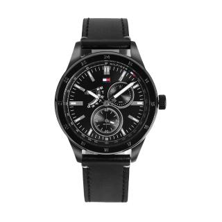 【Tommy Hilfiger】黑色系 三眼多功能標示 黑色皮革錶帶 手錶 男錶 母親節(1791638)