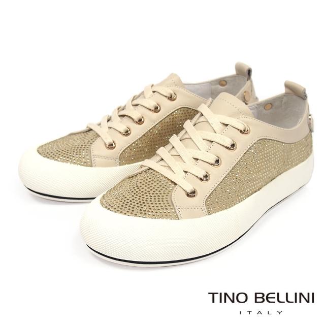【TINO BELLINI 貝里尼】閃耀晶鑽羊皮拼接平底休閒鞋L0O0011(米)