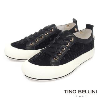 【TINO BELLINI 貝里尼】閃耀晶鑽羊皮拼接平底休閒鞋L0O0011(黑)