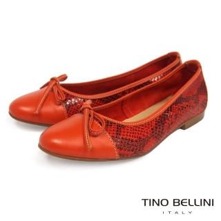 【TINO BELLINI 貝里尼】典雅氣質蝴蝶結蛇紋牛皮質平底鞋FBO0008(紅)