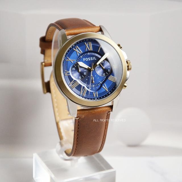 【FOSSIL】皮革錶帶 金+銀雙色 藍錶盤 三眼計時手錶 男錶 母親節(FS5150)