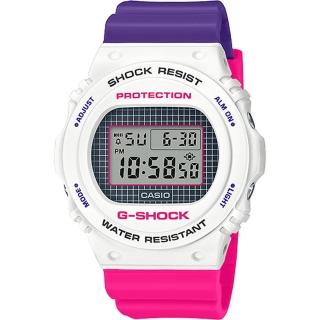 【CASIO 卡西歐】G-SHOCK 圓形格紋撞色數位腕錶/桃紫x白(DW-5700THB-7)