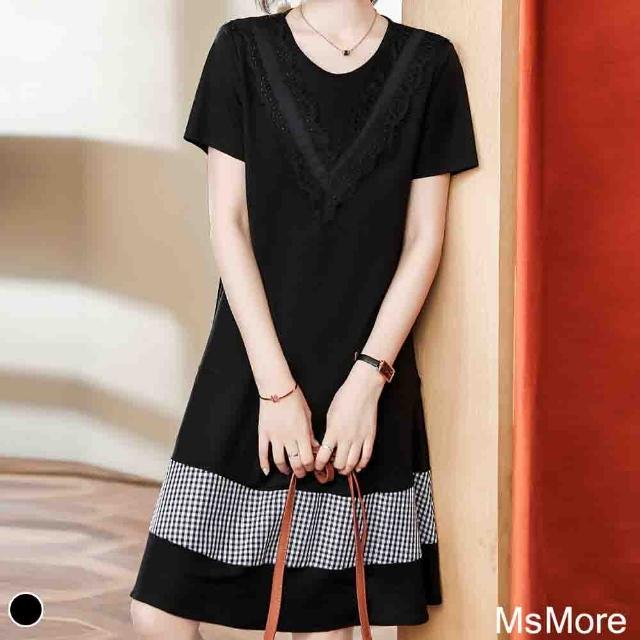 【MsMore】法式蕾絲氣質拼接寬鬆顯瘦洋裝#110110現貨+預購(黑色)