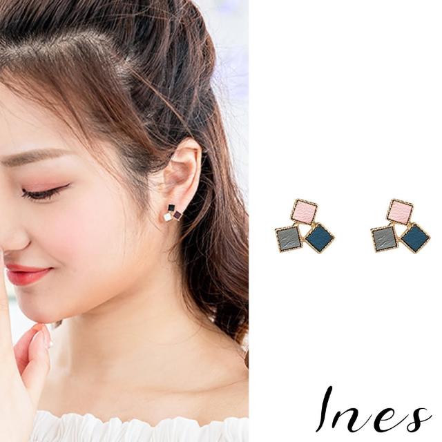 【INES】韓國設計S925銀針復古撞色方塊滴釉拼接耳環(3款任選)