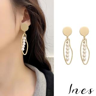 【INES】韓國設計S925銀針不規則金屬線條復古珍珠耳環