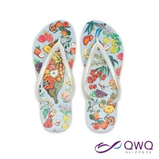 【QWQ】女款防水夾腳拖鞋 玩食插畫人字拖鞋 彈性防滑拖鞋雨鞋 台灣水果 牛奶白 MIT(AIWS00512)