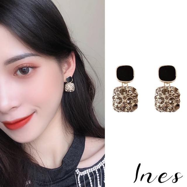 【INES】韓國設計S925銀針復古滴釉鑲鑽方塊耳環