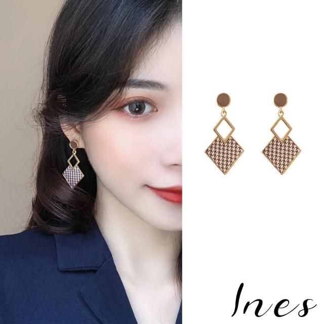 【INES】韓國設計S925銀針千鳥格幾何菱形復古耳環