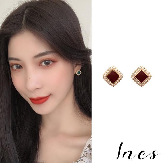 【INES】韓國設計S925銀針氣質方塊珍珠綴邊造型耳環(2色任選)